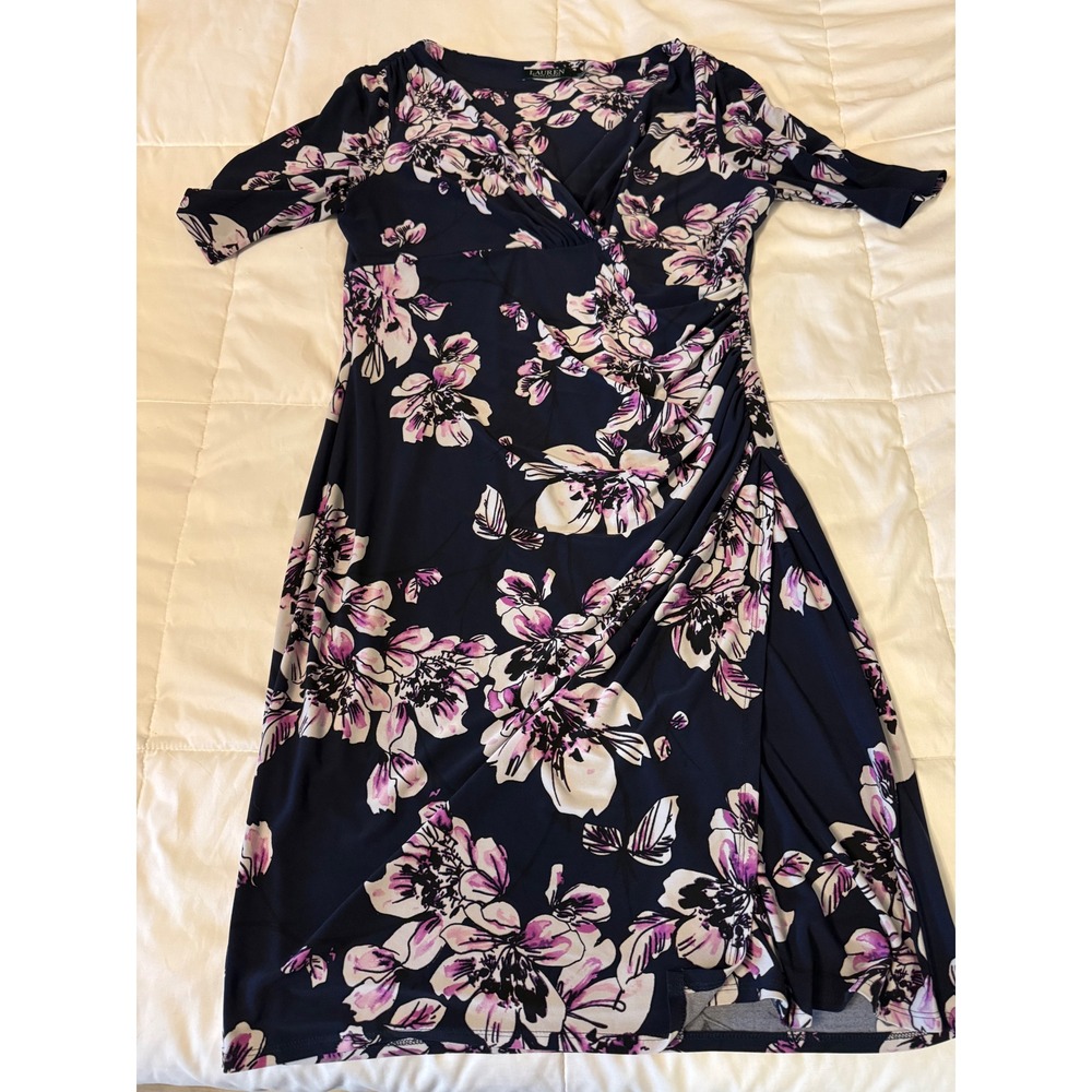 Lauren Ralph Lauren Navy Floral Faux Wrap Sheath Dress Purple White Size 14